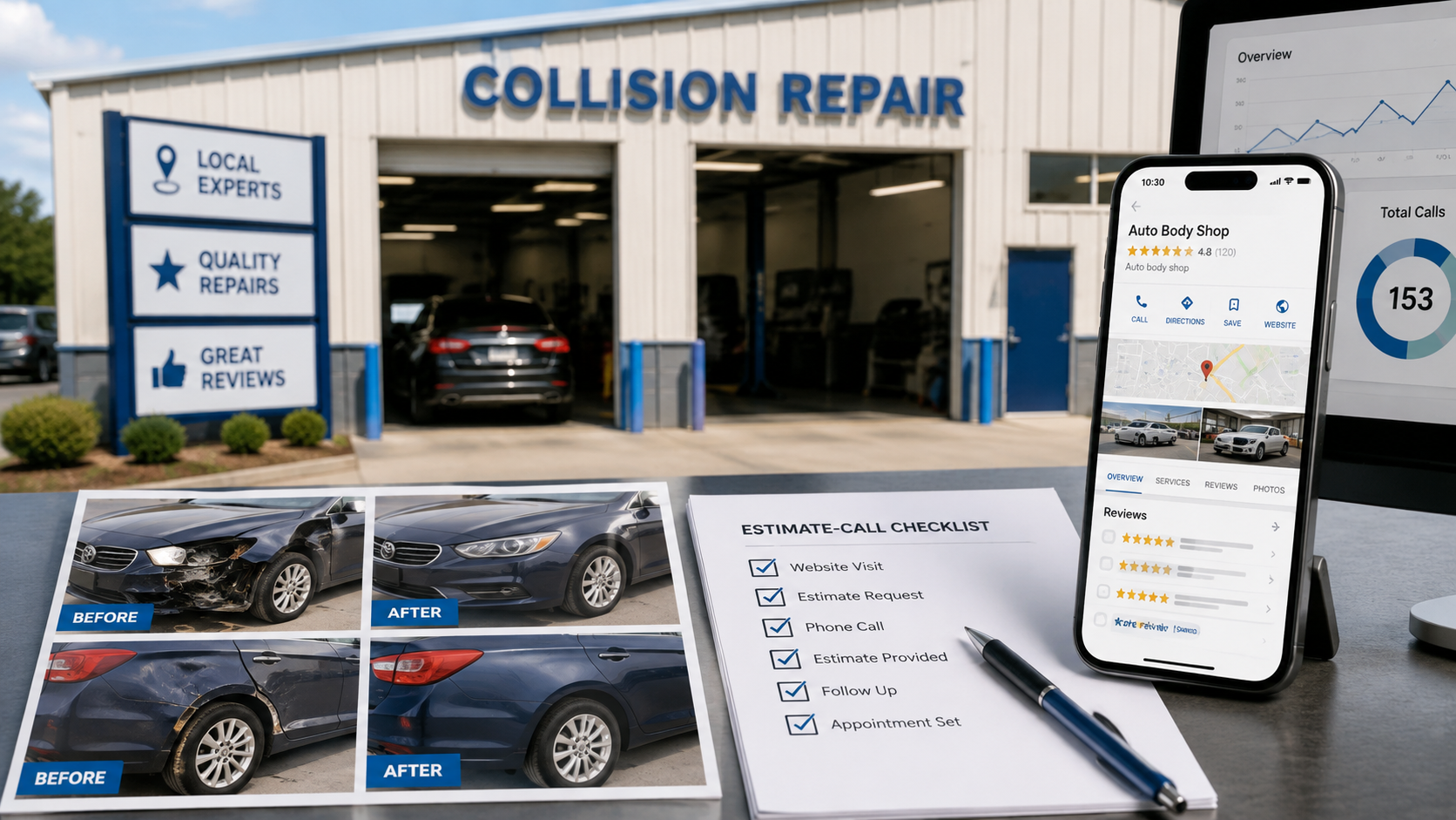 Auto body shop SEO checklist with Google Maps profile, repair photos, reviews, and estimate call tracking
