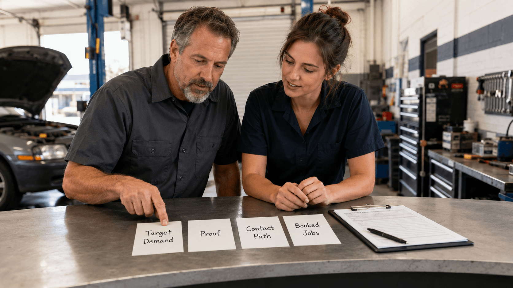 team reviewing best advertising strategies for auto repair shops