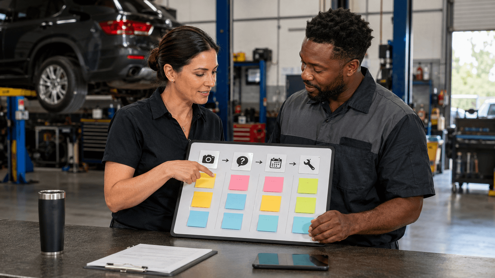 Independent auto repair shop advisor planning proof-led social media posts beside a repair bay