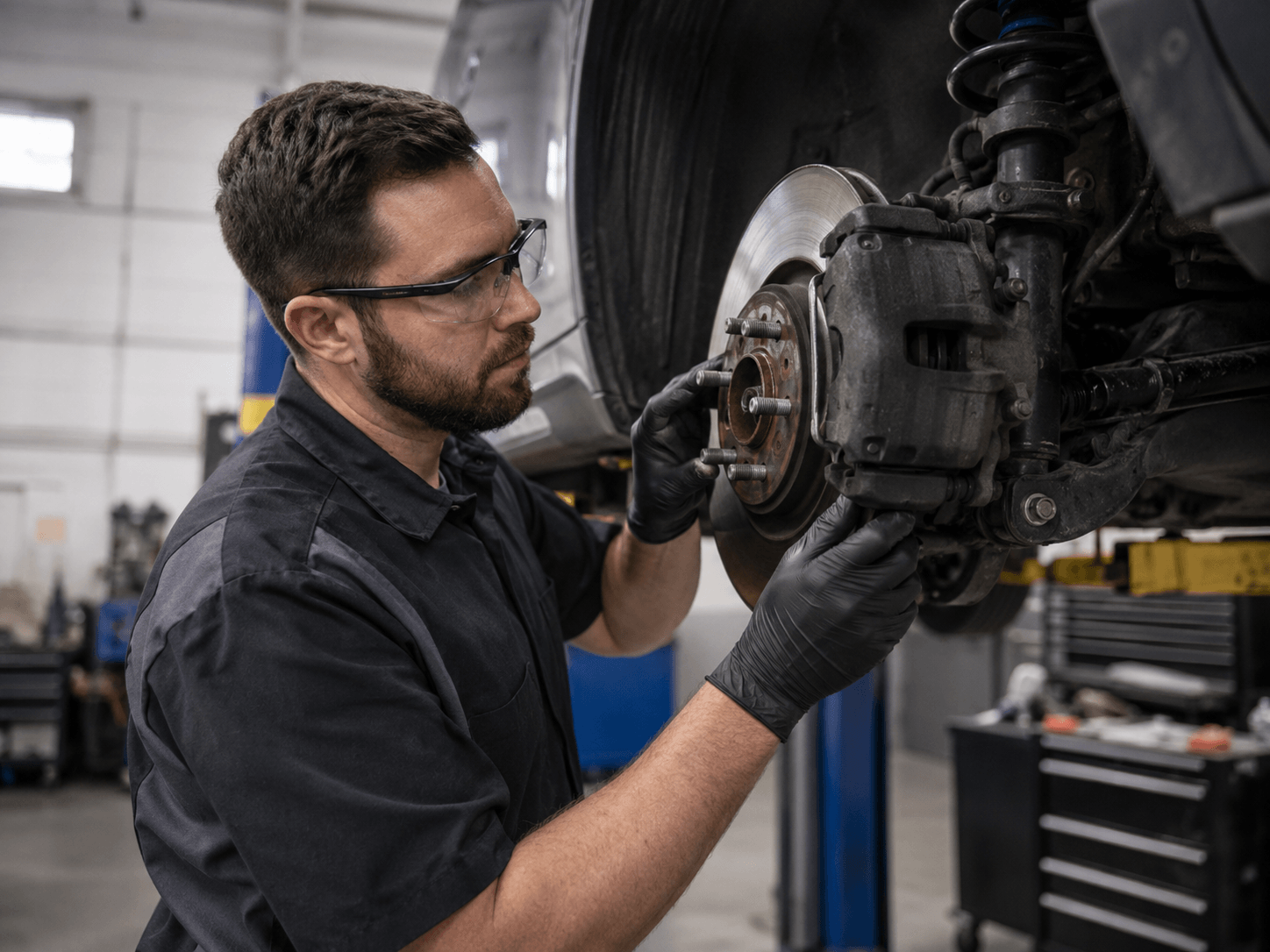 Technician inspecting a vehicle brake system for an auto repair flyer campaign