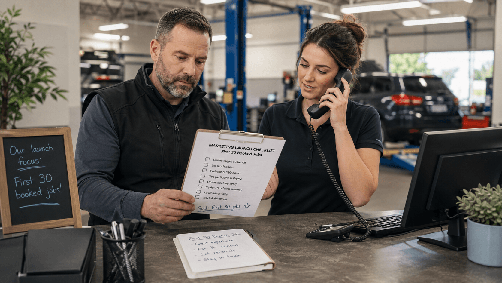 New auto repair shop marketing launch checklist from phone response to booked-job review