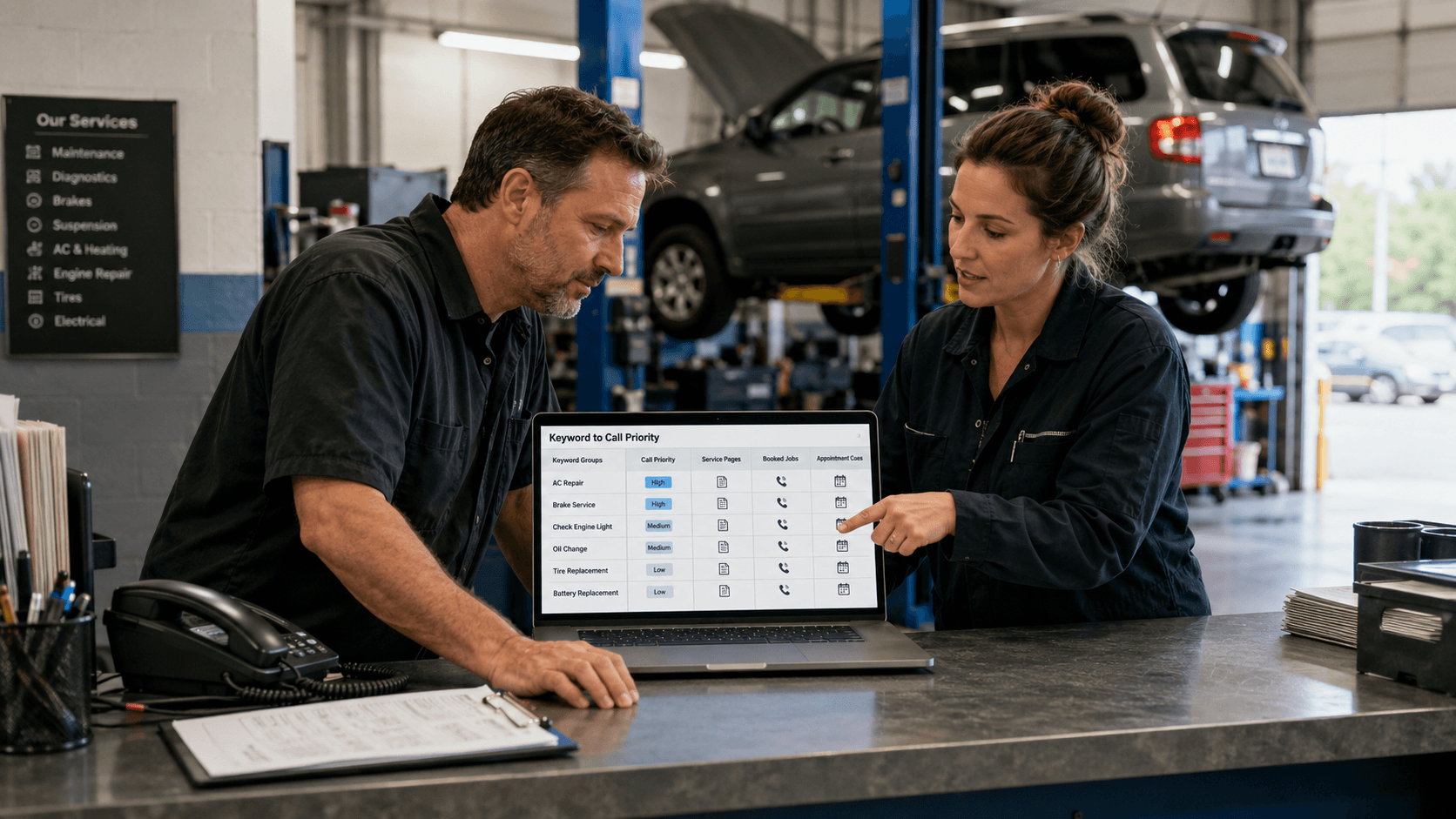 Team reviewing auto repair keyword priority matrix for qualified phone calls