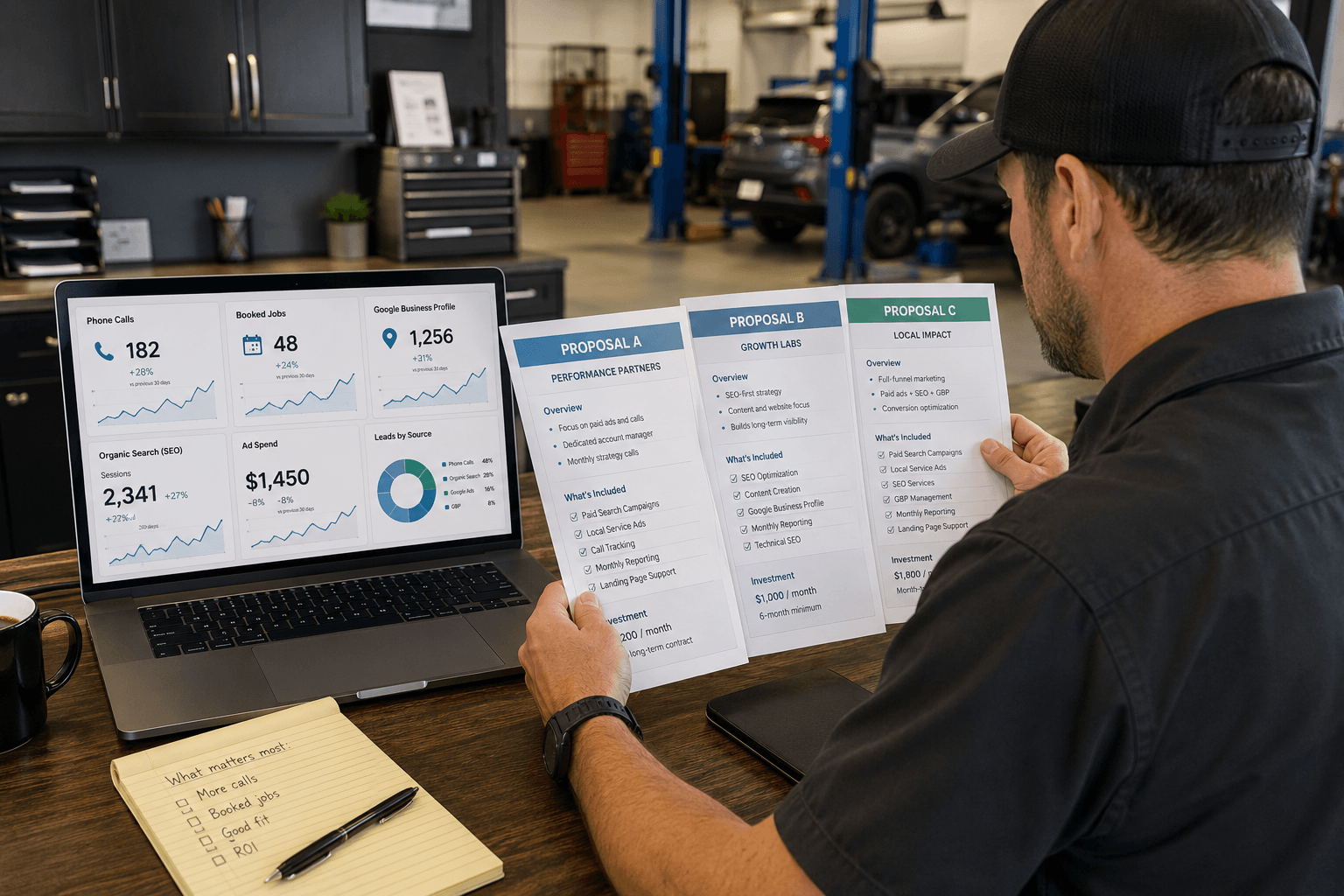 Compare auto repair marketing companies by shop fit, reporting, red flags, pricing questions, and booked-job metrics