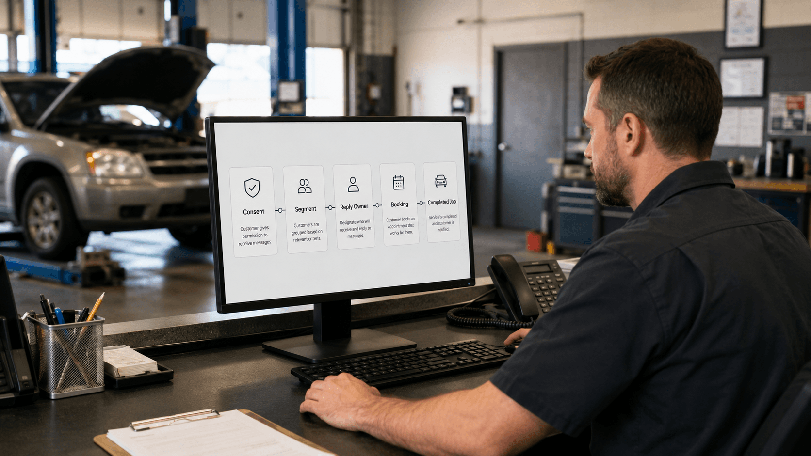 Service advisor reviewing a permission-based SMS campaign workflow at an independent auto repair shop