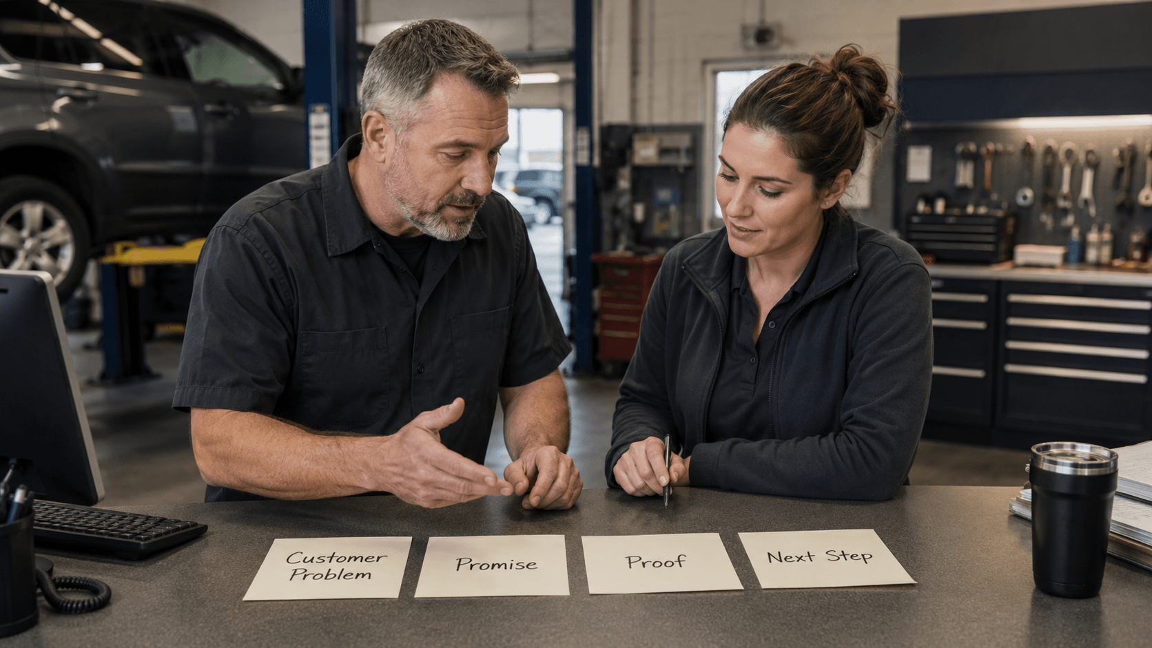Auto repair shop team mapping a customer promise and marketing strategy.