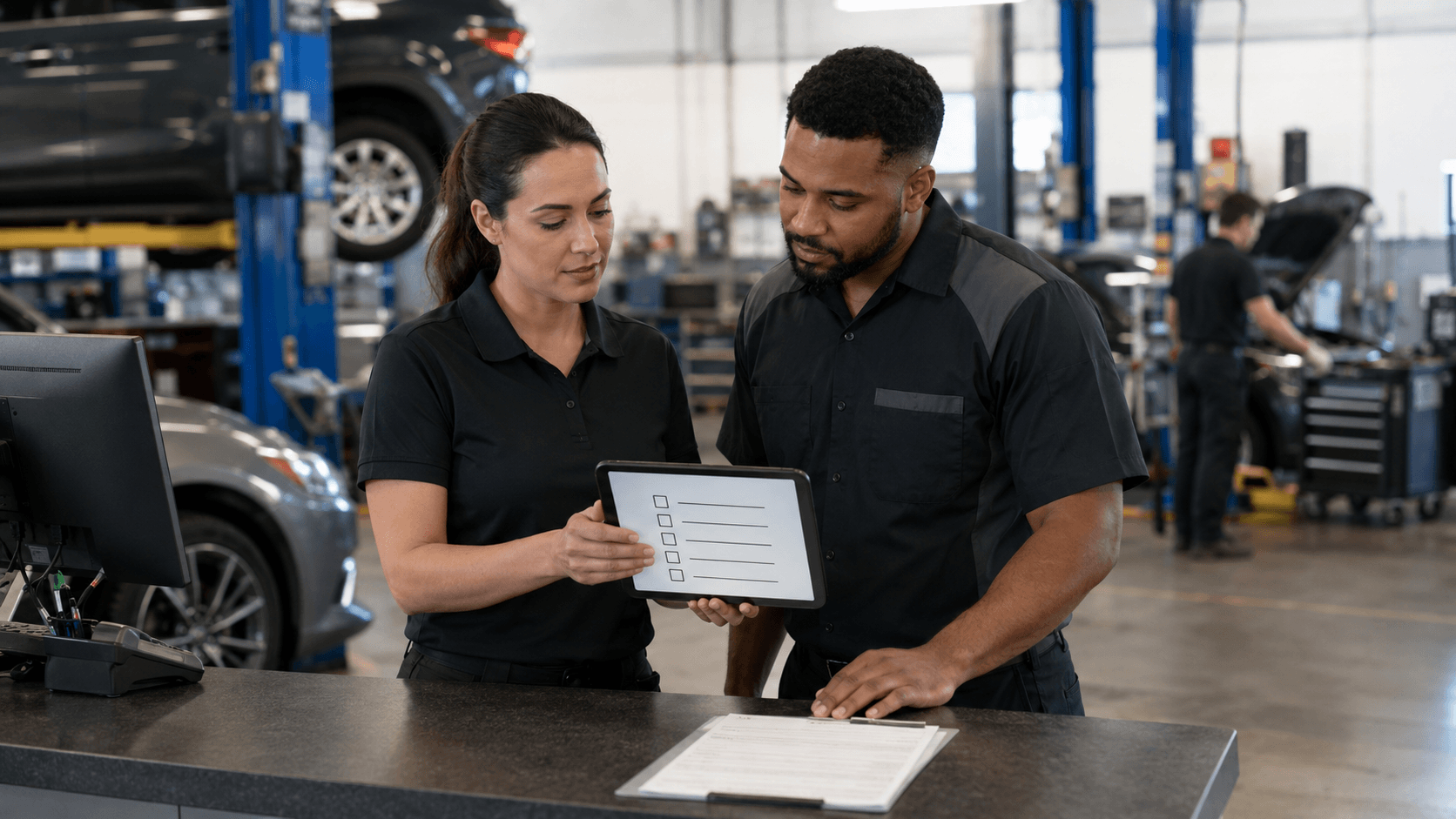Service advisor and technician reviewing an auto repair customer communication workflow for an order