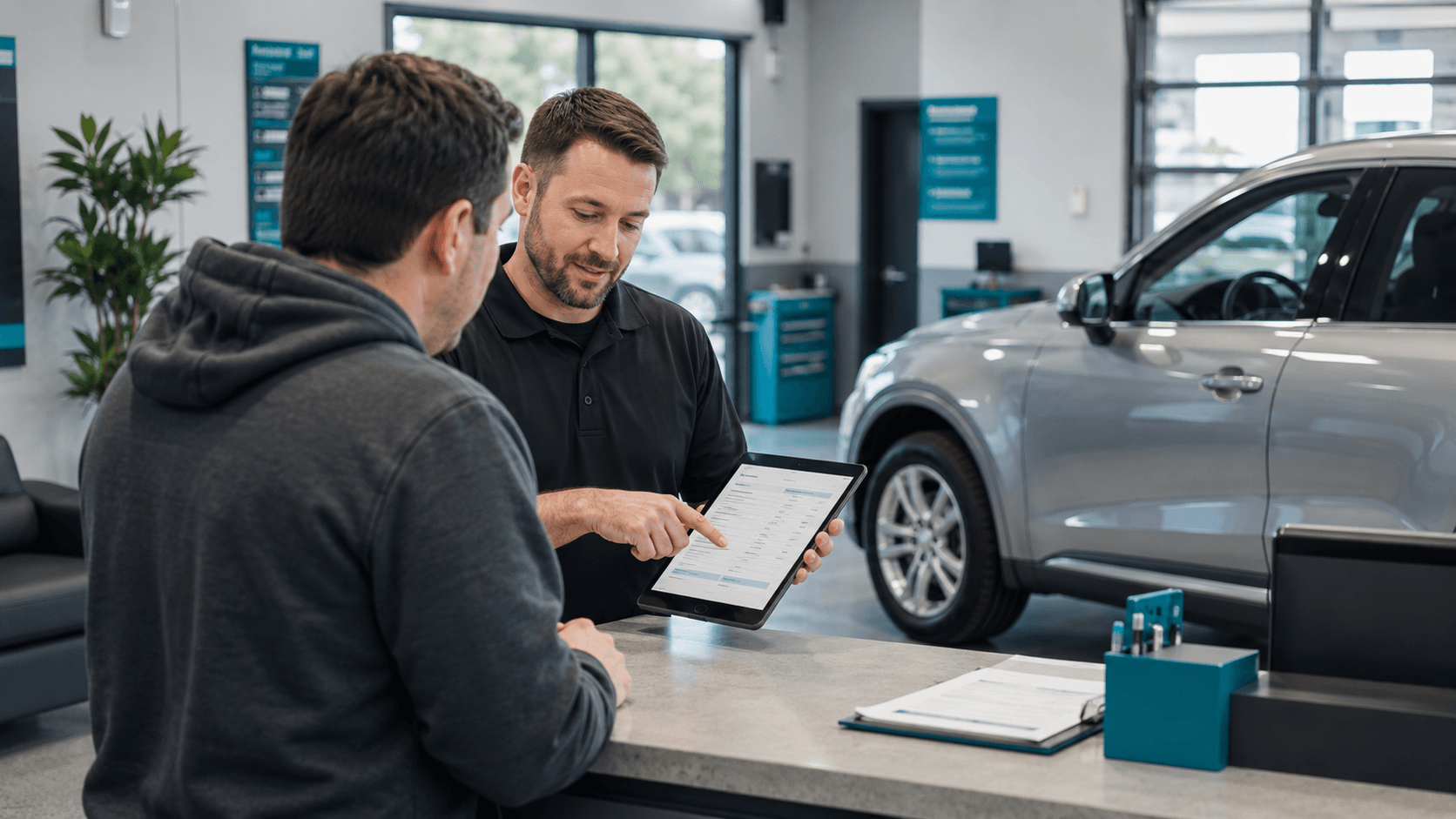 Service advisor and customer reviewing an auto repair work order