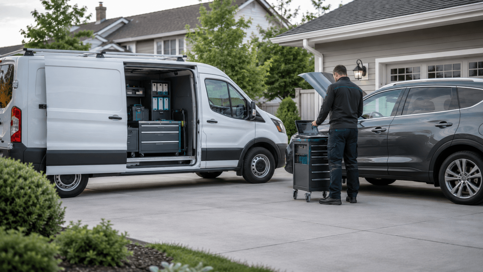 Mobile mechanic service van at a local driveway repair appointment