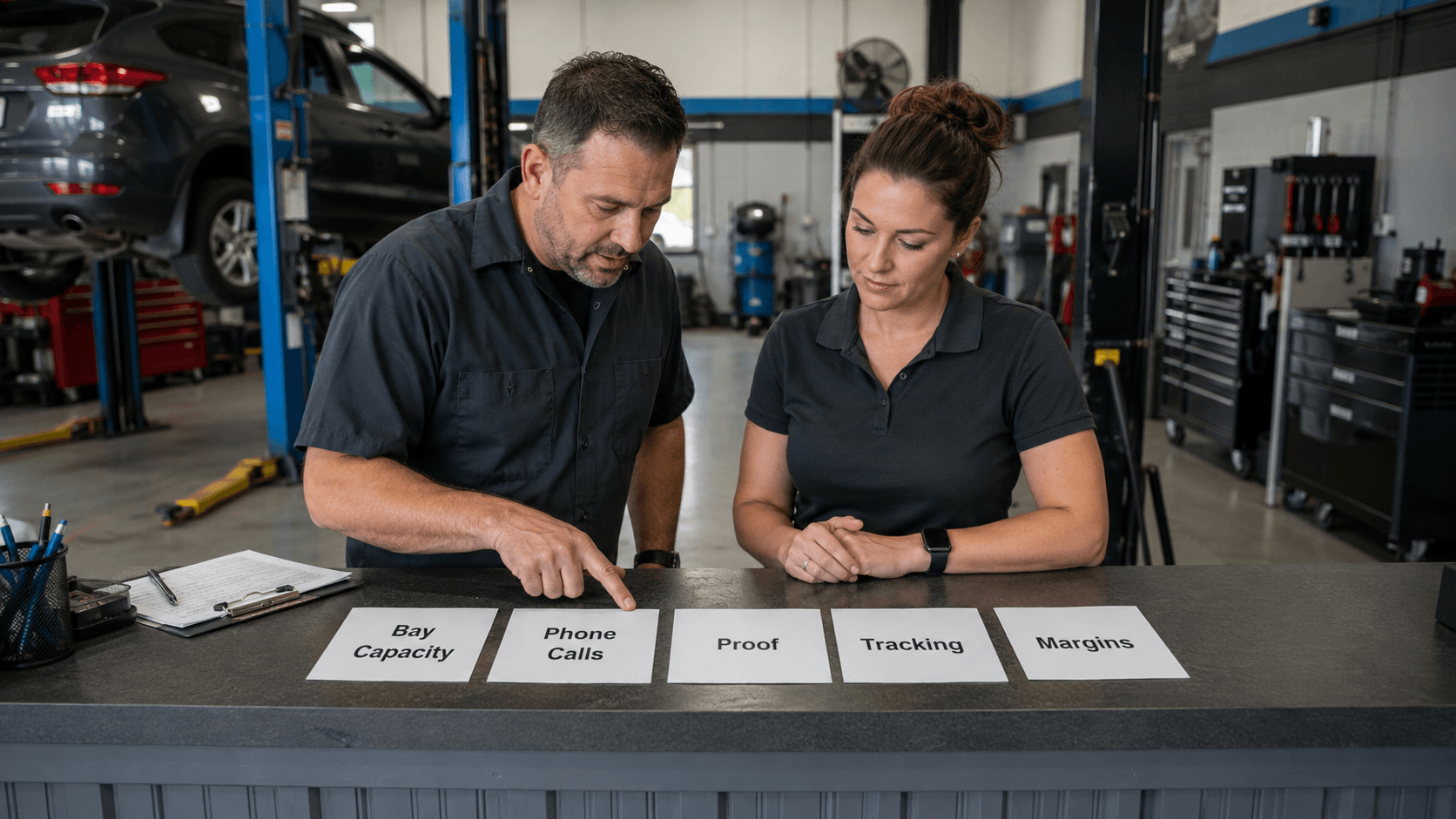 Auto repair shop team reviewing an advertising readiness checklist