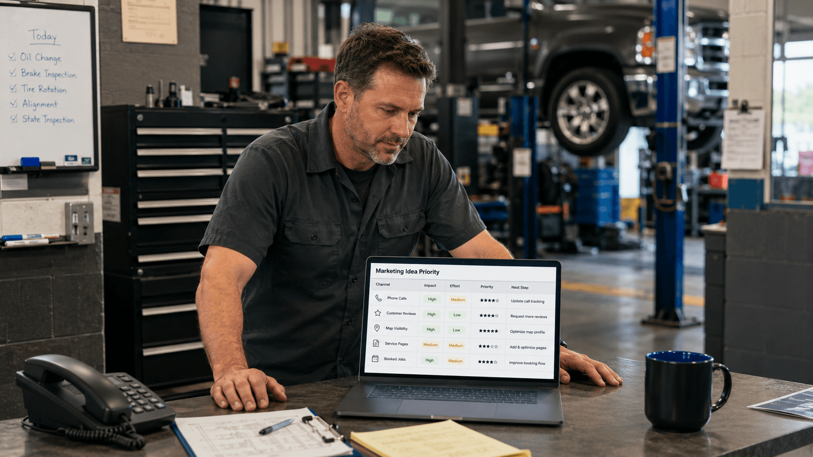 Auto repair shop marketing ideas priority matrix for calls, reviews, service pages, and booked jobs.