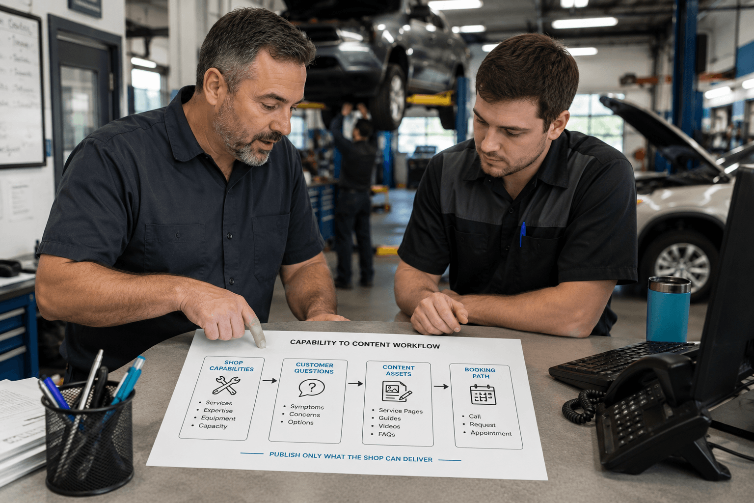 shop owner and technician reviewing Content Marketing for Auto Repair Shops