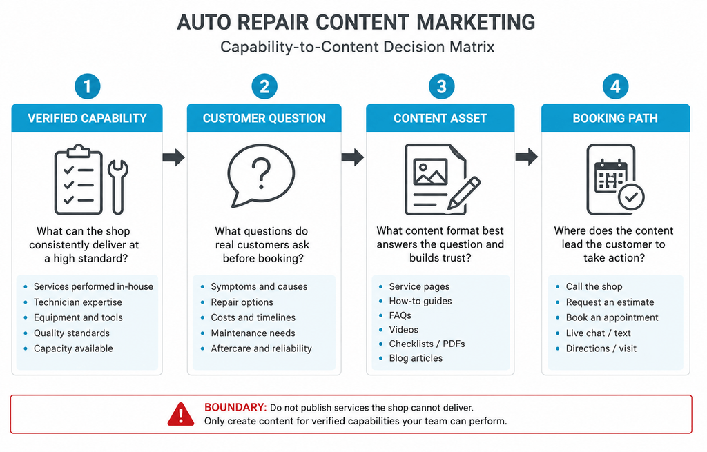Decision matrix for choosing auto repair content marketing topics.