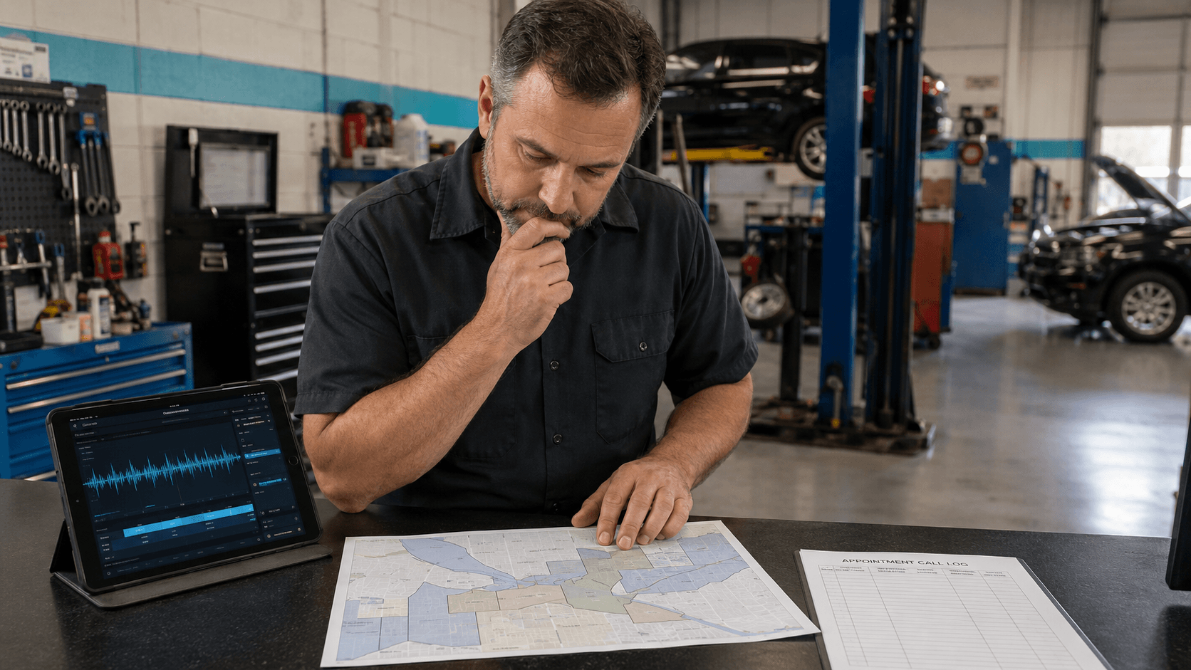 Auto repair shop owner planning a local radio advertising campaign with service-area tracking