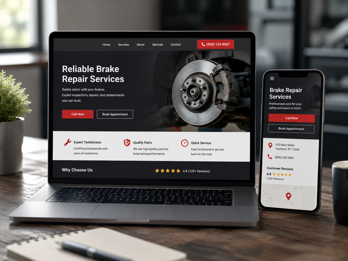 Mobile-friendly brake repair service page with call button, reviews, location, and appointment option
