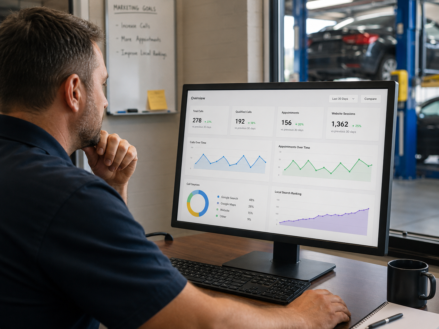 Auto repair shop owner reviewing brake repair SEO calls, appointments, and local search performance