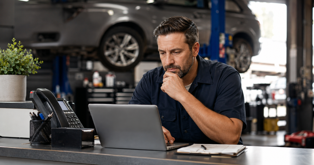 Auto repair shop manager reviewing customer feedback on a laptop before writing a professional response