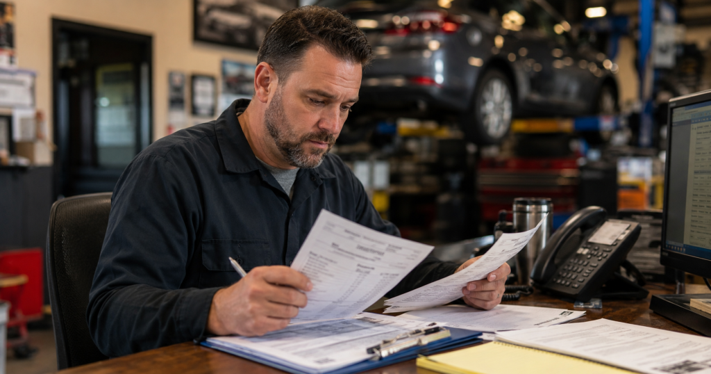 Auto repair manager checking repair orders, estimates, and service records before responding to a customer complaint