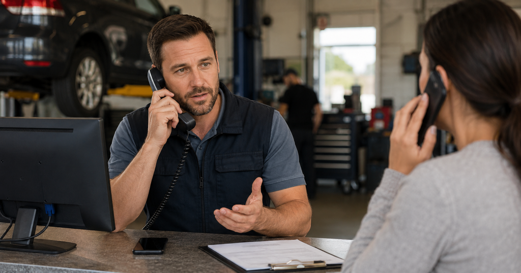 Auto repair shop manager speaking with a dissatisfied customer by phone to resolve a service complaint privately