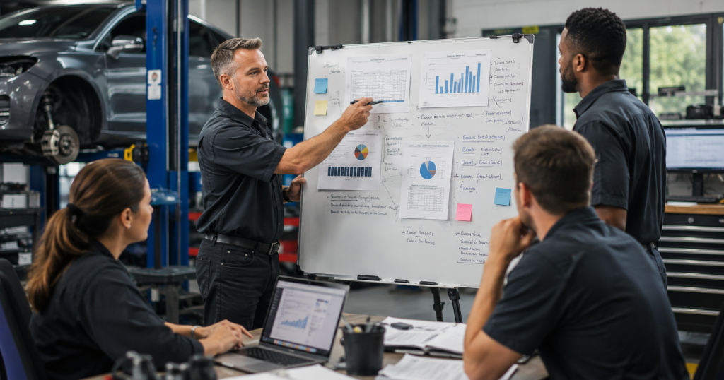 Auto repair shop team reviewing customer feedback and service data to improve communication and repair processes