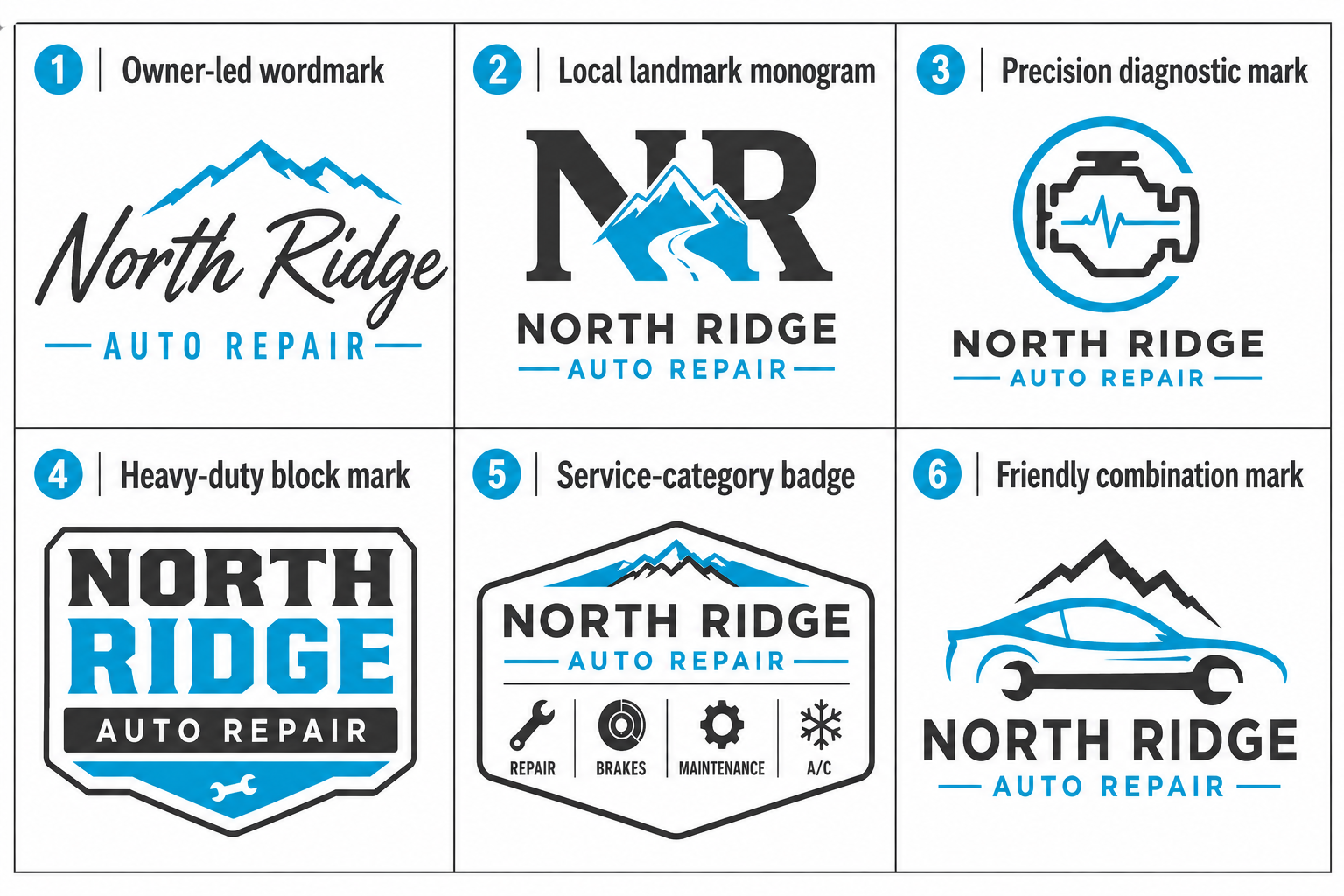 Six original car repair shop logo directions for one fictional brand