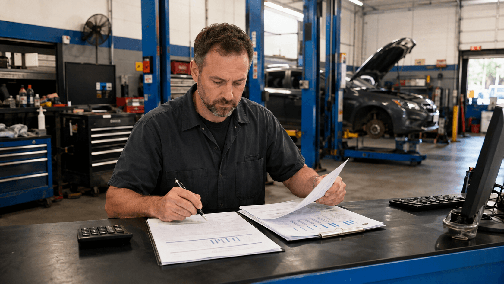 Auto repair shop owner reviewing a business plan and financial model