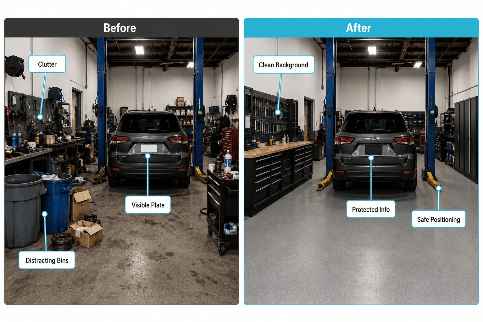Before and after setup of an auto repair shop photo area